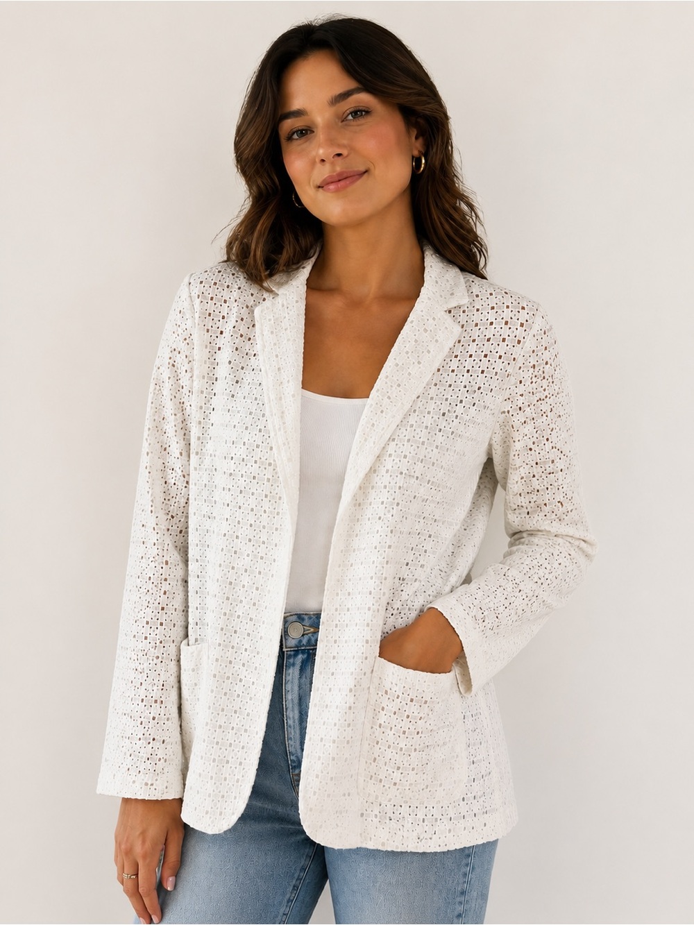 Elie Tahari White Eyelet Knit Blazer